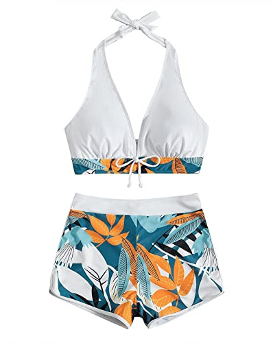 Maillot De Bain Menstruel Maillot De Bain Deux PièCes pour Femmes Bandeau Sexy Bikini Maillot De Bain Push Up Rembourré Et Boxer De Bain Imprimé HawaïEn Piscine pour Nager Swimwear(Blanc,M)