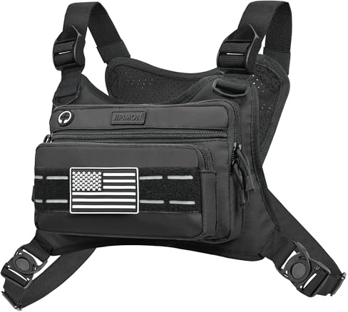 JIPIMON Chest Bag For Men With Extra Storage, Waterproof Outdoor Sports Chest Bag For Running, Cycling, Hiking, Rock Climbing (Black)
