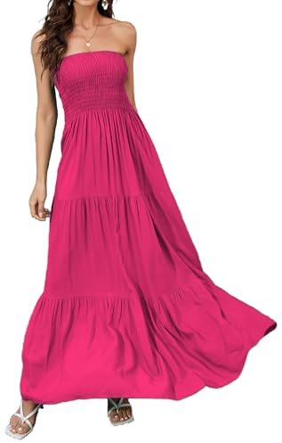 Daenery Dam Axelbandslös Maxi Klänning Blommig Off Tube Top Casual Strand Party Lång Klänning, Rosenröd, S