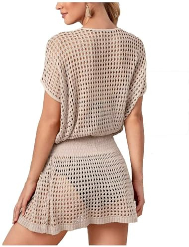 Jinsha Kläder - Sexig Klänning - Strandöverdrag - Dam Klänning V-Ringad Stickad Virkning Skjorta Boho Pareo Toppar Tunika Täckande Strand Bikini Beach Bad Sommarhav Dam, S-beige, one size