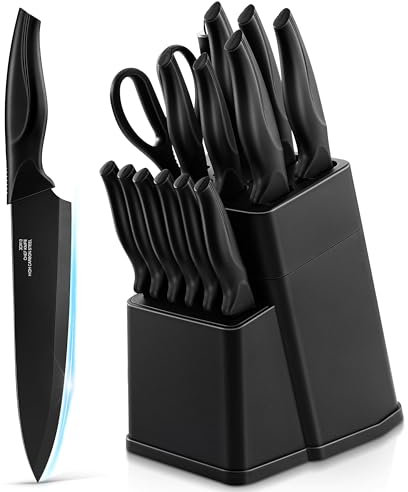 TEAMFAR Messerblock mit Messerset, 15-teilig Edelstahl küchenmesser Set mit Wetzstahl, Messerblock mit Messer, Scharfe Kochmesser mit Antihaftbeschichtung für Schneiden Hacken Zerkleinern, Schwarz