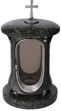 Élégante lanterne funéraire en granit Impala (foncé) - Hauteur : 23 cm - Diamètre : 15 cm - Argenté - Avec croix