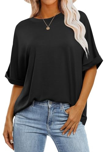 Cuptacc Tee Shirt Femme Été Oversize Tunique Col Rond Manches Courtes | Manches retroussées, Coupe ample, Quotidien décontracté, Vacances et maison, Léger et confortable