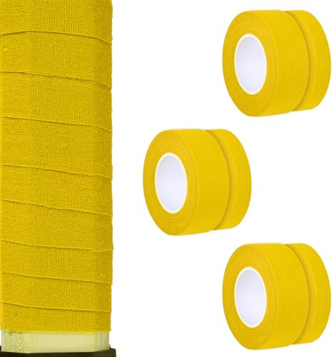 BOXOB 6pz 9,14m Nastro Hockey, 25mm 12,5mm Non Pretagliato Nastro per Mazza da Hockey Cotone Assorbente del Sudore Nastro Hockey Grip Nastro per Stecca da Hockey per Lacrosse Baseball (Giallo)