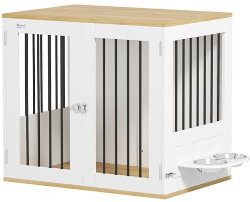 PawHut Jaula para Perros Medianos 2 en 1 Mesa Auxiliar con 2 Puertas con Pestillo Comedero Giratorio de 360° 2 Cuencos y Almohadillas Antideslizantes 80x55x71,5 cm Blanco