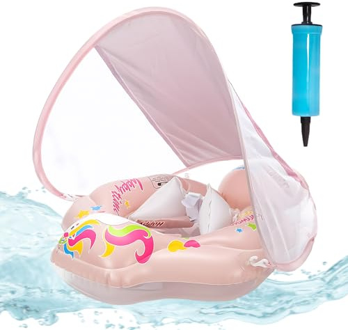 ACTOYS Simring för baby, simring med soltak, simcykel för bebis, simring (rosa häst, S från 3 till 12 månader)
