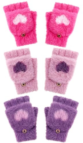 Geyoga 3 Pair Kids Fingerless Gloves for Girls Winter Warm Convertible Flip Top Gloves Heart Half Finger Mitten for Toddler(Lavender, Purple, Dark Purple,5-10 Years)