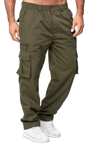 FUNRKLI Pantalones cargo de ajuste relajado para hombre, elásticos, ajuste delgado, talla grande, pierna recta, pierna ancha, múltiples bolsillos, pantalones casuales, Ejercito Verde, M