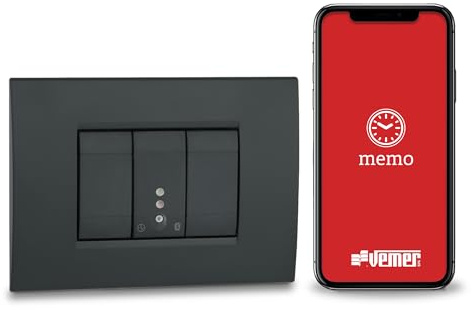 VEMER VE798300 MINI TIME - Interruttore Orario Digitale Bluetooth da Incasso 1 Modulo, Timer con Programmazione Oraria e Astronomica via App per Luci, Cancelli, Tapparelle, Grigio