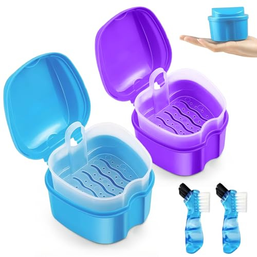 Flintronic 2Pcs Boîte de Dentier, Boîte de rangement pour appareils dentaires, avec 2 Brosse à Prothèses, Boite Appareil Dentaire avec Passoire, Couvercle Portable, pour le stockage des prothèses