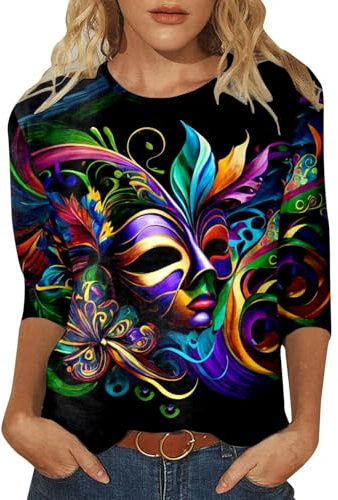 T-Shirt À Manches 3/4 pour Femme avec Col Rond Masque Imprimé Hauts Lâche Classique Stretch Carnaval Tee Shirt Élégant Ajusté Célébrations Top Décontracté Party Basic T-Shirts
