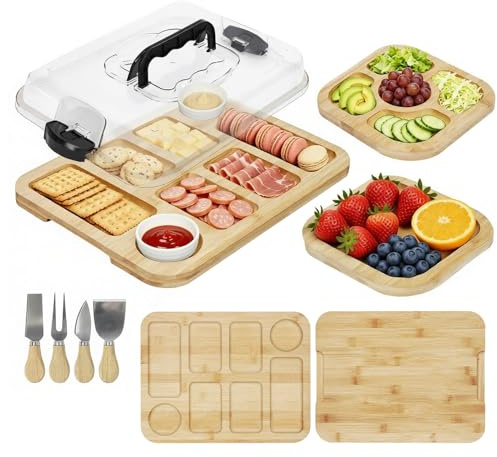 Reversible Charcuterie Board with Lid, 2 in 1 Portable Cheese Board and Knife Set with Carry Handle for Travel Grazing Board for Picnic Accessories