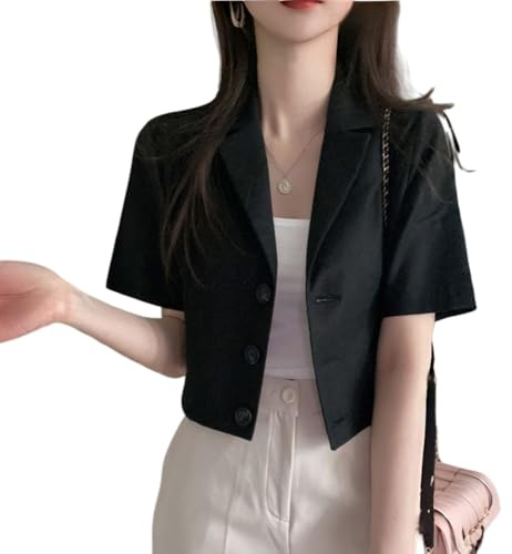 Veste Blazer Femme Blazer Court À Manches Courtes pour Femme Coupe Ample Tailleur Boutons sur Le Devant Revers Crantés Veste Légère D'Été pour Tenue Décontractée pour Le Bureau Ou Le T