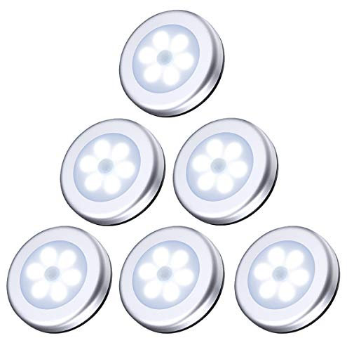 AMIR Nachtlicht mit Bewegungsmelder, 6 LED Bewegungsmelder Licht, Auto EIN/AUS, Led Beleuchtung Sensor, Batteriebetrieben Wandlicht für Treppe, Schlafzimmer, Küche, Kinderzimmer, Flur (6er- Silber)