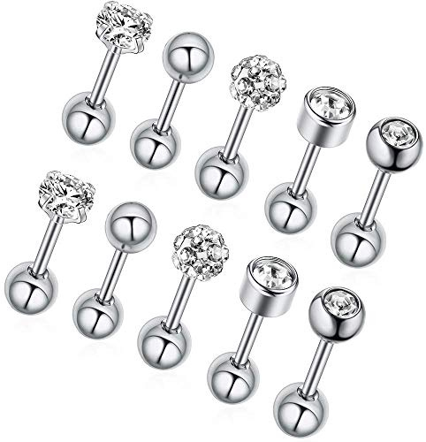 Gabry&jwl 5Pairs Stud Earrings Set 316L Stainless Steel Barbell Ball Earring Tragus Cartilage Helix Lobel CZ Earring Hypoallerge Earrings for Women Men Silver Ear Studs (5Pairs Silver)