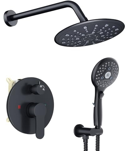 Suncleanse Black Shower Faucet Sets - 8.5 Rain Shower Head Combo with 7-Setting handheld Spray Complete Shower System - Rainfall Shower Fixtures with Rough-in Valve and Trim Kit for Luxury Bathroom