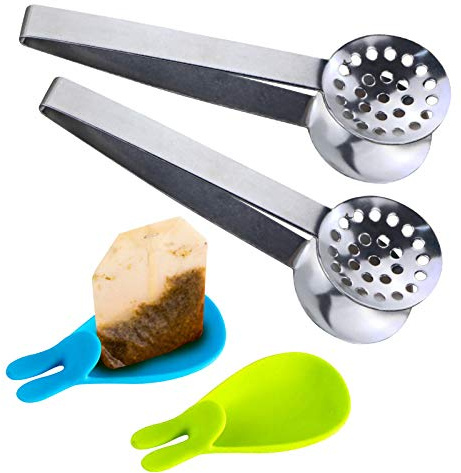 SNAIL GARDEN 2Pcs Stainless Steel Tea Bag Tongs, Round Tea Bag Squeezer with 2Pcs Bunny Silicone Tea Bag Holders & Rests- 6inch Tea Bag Strainer Clips Herb or Sugar Ice Cube for Kitchen Bar Tools