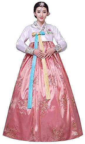 Female Korean Traditional Long Sleeve Classic Hanboks Dress Cosplay Costume Women Palace Korea Wedding Dance Costume, Light Pink, XL