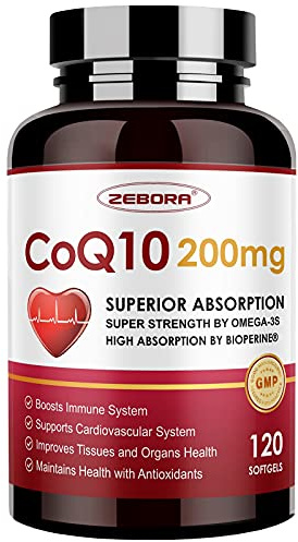 ZEBORA CoQ10-200mg-Softgels with PQQ, BioPerine & Omega-3, 120 Servings Coenzyme Q10(Ubiquinone) Supplement for High-Absorption, Powerful-Antioxidant, Support Heart & Energy-Production