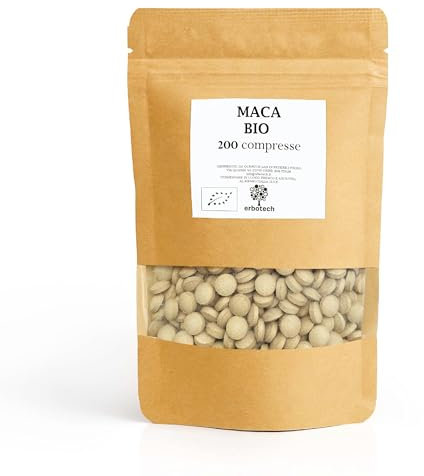 ERBOTECH, 200 Compresse Maca Peruviana BIO, Capsule Ricche di Fonte Minerali, Vit B, Vit C, Vit E, Senza Glutine, Adatto a Vegetariani e Vegan, 100 g