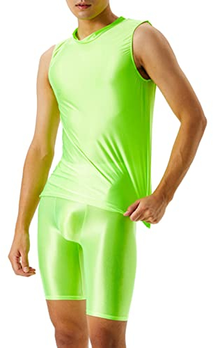 Caxndycing Herren Bodysuit ÖL Glanz Body Ärmellos Bodysuit mit Bein Einteiler Kompression Unterwäsche Leder Optik Seitlich transparent Männer eng anliegend Overall Catsuit