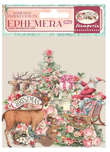 Stamperia - Ephemera for Scrapbooks, Albums, and Bullet Journals, Pink Christmas, Adhesive Paper Cut Outs, Easy to Apply, Perfect for Crafts and Gifting (All You Need for Christmas) (35 pieces)