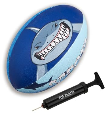 Ram Rugby Shark Squad-tränare, rugbyboll och minipump – finns i storlek 5, 4, 3 och 1 (mini) – för barn och vuxna – 7 galna roliga designer – klubbkvalitet träning rugbyboll – bra