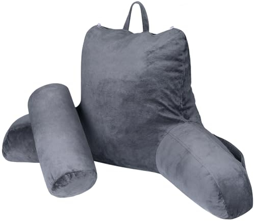 Lesekissen Bettauflage Kissen mit Abnehmbarer Nackenrolle, Rückenkissen mit Tragegriff für Bett und Sofa, Rückenlehnen mit Waschbare Abdeckung, Stützkissen zum Lesen, Fernsehen, Grau ﻿ (Extra Groß)