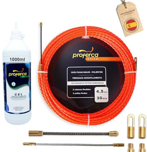 PROFERCA Guia Pasacables Profesional de 4.5mm y 30 Metros de Poliéster Trenzado con Terminales Intercambiables | Pack Ahorro | Accesorios de Repuesto | Guía Pasacables Electrico