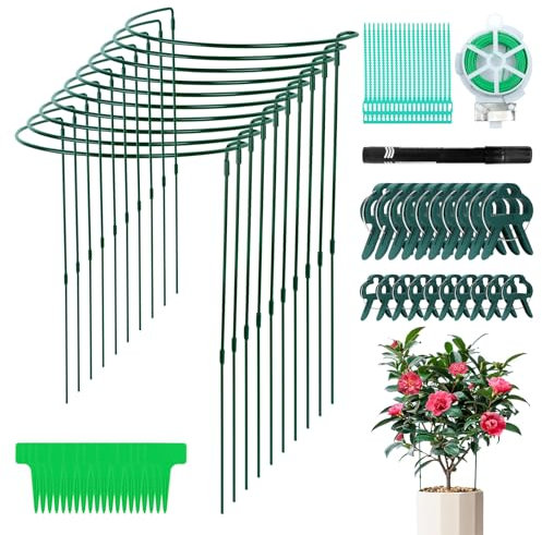 10 Stück Verstellbare Pflanzenstütze Metall, 25 * 60CM Staudenhalter Halbrund Groß Plant Holder, Grün Pflanzenringe zur Fixierung, Blumenstütze Zimmerpflanzen Rankhilfe mit 20 Stück Pflanzenklammern