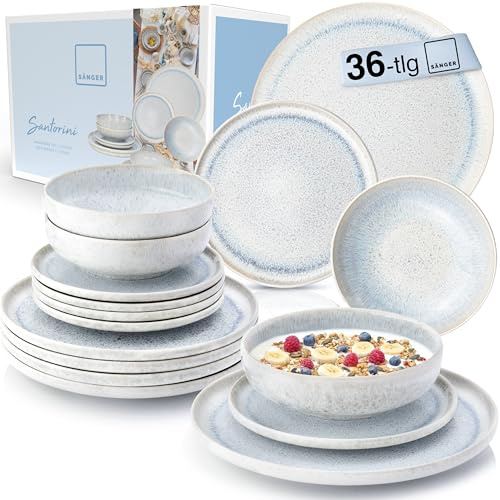 SÄNGER | Tafelservice Santorini 36 tlg, Teller Set 12 Personen, Steingut Geschirr Set, Essservice inkl. Speiseteller Dessertteller & Tiefe Teller, Geschirr Cremefarben mit Flieder Blauem Verlauf