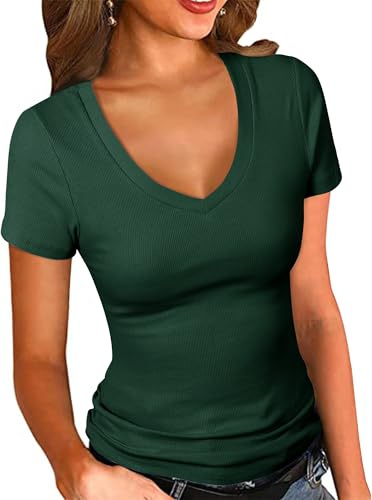 ELFIN T-Shirt côtelé Stretch pour Femme Coupe ajustée Col en V Manches Courtes T-Shirt d'été uni Décontracté Vert Foncé XL