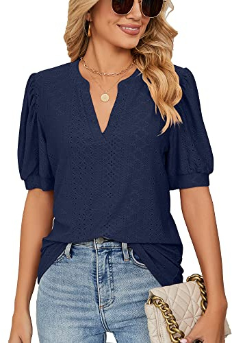 GRECERELLE T-shirt för kvinnor elegant blus med puffärmar sommar tunika toppar – för vardagliga och formella tillfällen, Marinblått Xsp, S