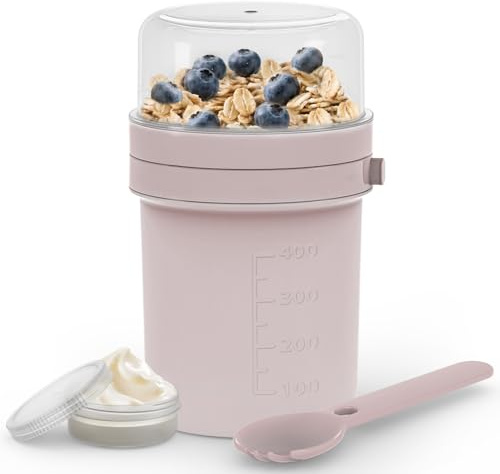 MRUN BONE Müslibecher To Go mit Gabel-Löffel, Auslaufsichere Joghurtbecher To Go, Müslibecher für Unterwegs, Arbeit, Schule, Picknick, 450ml+250ml, (Puderrosa)