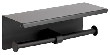 Ibergrif Portarrollos de Papel Higiénico Doble con Estante, Soporte Papel Higiénico de Acero Inoxidable para Pared, Instalación Adhesiva o con Taladro, Portarrollos para Baño o Cocina, Negro