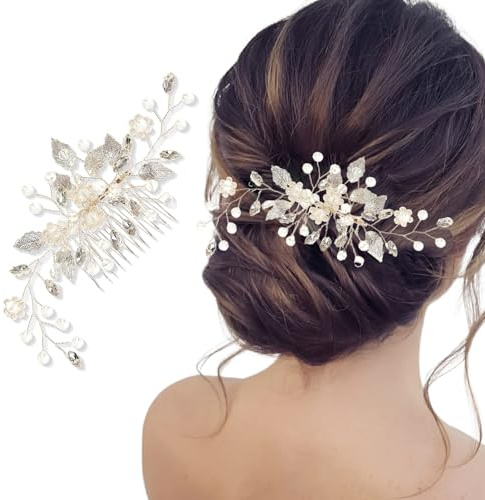 VYZUTR Accessori Capelli Sposa Oro Rosa, Pettini per Capelli da Sposa con Fiore e Perle, Fermaglio Capelli Sposa Donna, Accessorio per Capelli da Sposa in Cristallo per Donne e Ragazze
