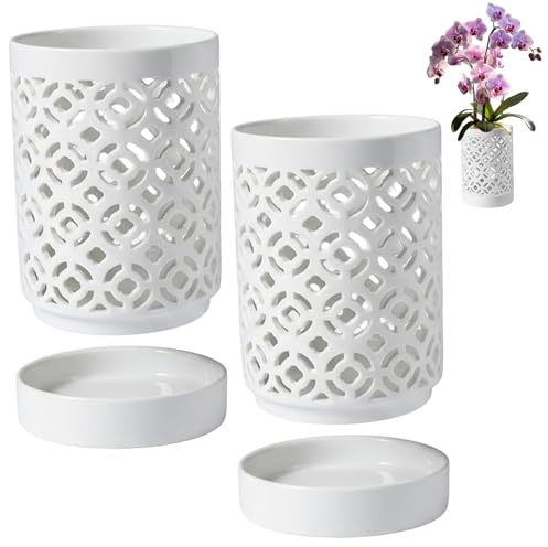 Macetas para orquídeas, maceta para orquídeas naturales, 2 macetas de cerámica blanca para, soportes para utensilios de drenaje doble con flor de ciruelo hueca, organizador de cocina multiu