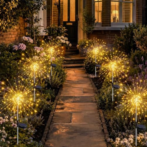 Fairdeer Solar Garden Lights Outdoor, 6 Pack Warm White 120 LED Solar Firework Starburst Stake Lights with 8 Modes, Waterproof Decorative Pathway Lights for Garden, Patio, Lawn & Flower Beds