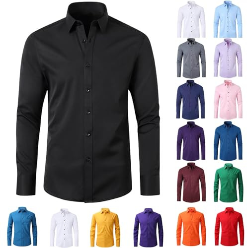 FlutVolt Långärmad herrskjorta, bomull vardaglig skjorta, business lätt ståkrage skjortor, stretch kostym bekväma arbetsskjortor, 01svart, 3XL