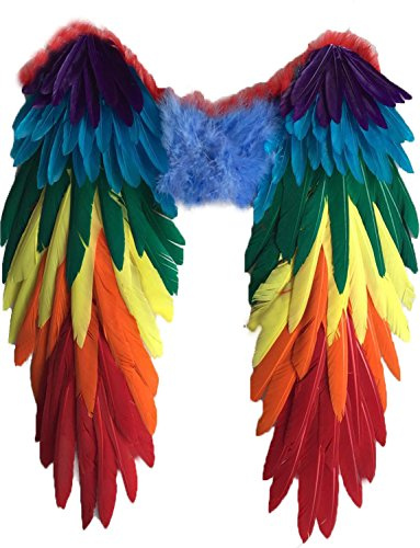 Yummy Bee Feather Wings for Halloween Costumes - Multicoloured Parrot Pride Accessories - Adult Halloween Costumes Woman - Carnival Fun - 48x50cm - Real Feathers with Elastic Straps