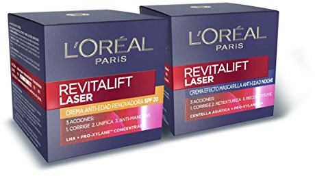 L'Oréal Paris Revitalift Láser Set de Crema de Día con Protección Solar SPF 20 y Crema de Noche Anti-Edad, Triple Acción y Antiarrugas, 50 ml cada una