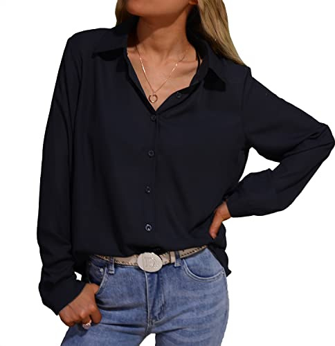 Zahala Battery Women's Button Down Shirt V-Neck Long Sleeve Chiffon Office Business Shirt Casual Blouse Tops for Ladies(Black,XL)