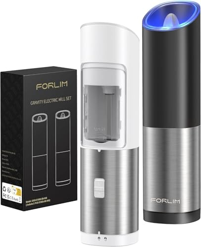 FORLIM Molinillo de Pimienta Automático con Grosor Ajustable,Funciona con una sola mano,para cocina,restaurante y barbacoa,Set de 2 (Negro + Blanco) (DGS-KYMQ-5B-WB)