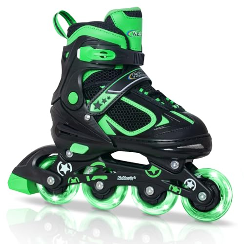 Nattork Pattini in linea per ragazzi, 4 taglie in linea per bambini con ruota luminosa, regolabili, per ragazzi e ragazze, Rollerblade per bambini piccoli (verde, Large 37-41 EU)
