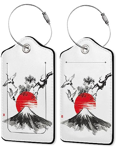 Lot de 2 étiquettes de bagage en cuir pour adultes et adolescents, étiquettes d'identification avec boucle en acier inoxydable, Fuji Sun et cigognes, paysage japonais
