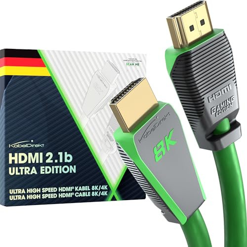 KabelDirekt – Câble 8K HDMI 2.1, édition certifiée Gamer – 2 m (8K@60Hz, Ultra High Speed/48G pour 10K, 8K ou 144 Hz Ultra Rapide en 4K, Optimal pour PS5/Xbox et Gaming PC, Moniteur/TV, Vert)