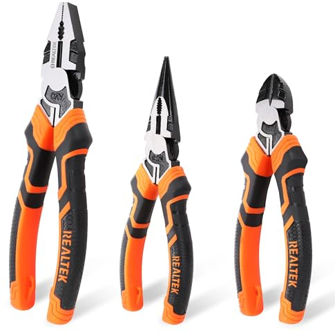 REALTEK 3-Piece Pliers Set, Premium CR-V Constructions, Tool Set Includes 8 Combination Pliers, 6 Diagonal, 6 Long Nose
