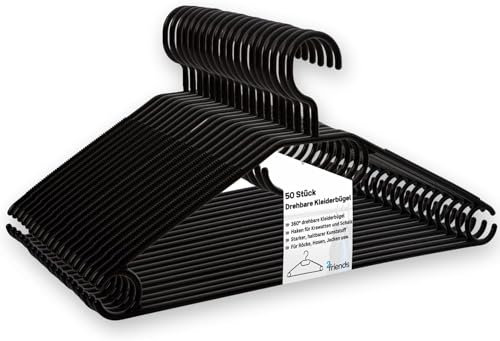Großpackung Schwarze Kleiderbügel 50 Stück - Platzsparende, Drehbare Haken, Stabile Kunststoff Bügel, Perfekt für die Komplette Garderobe, 100% Recycelbares Material, Made in EU