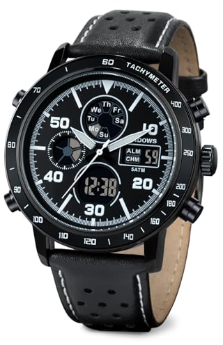 PINDOWS Uhren für Herren, Herren-Armbanduhr, Militär, digital, analog, lässig, Dualzeit, Leder-Armbanduhr, multifunktionale Modeuhr mit LED-Hintergrundbeleuchtung, Alarm, Stoppuhr, Kalender