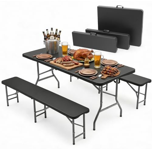 Sekey Bierzeltgarnitur Klappbar Kunststoff | Tisch + 2 x Bierbank mit Tragegriffe Gartenmöbel Set | 180cm Festzeltgarnitur für drinnen - draußen | Biertisch Set Garten (Schwarz)